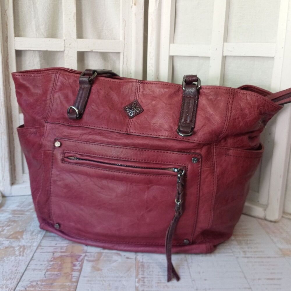 Y2K Leather Slouchy Tote Bag Burgundy Raspberry Large Rare Vera Luxe Leather Fab